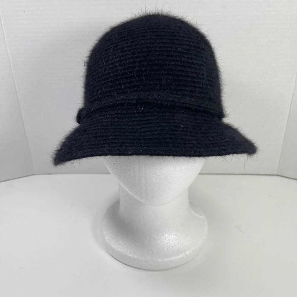 Vintage Nine West Angora Blend Cloche Bucket Hat Womens Black Fuzzy Bow Y2K